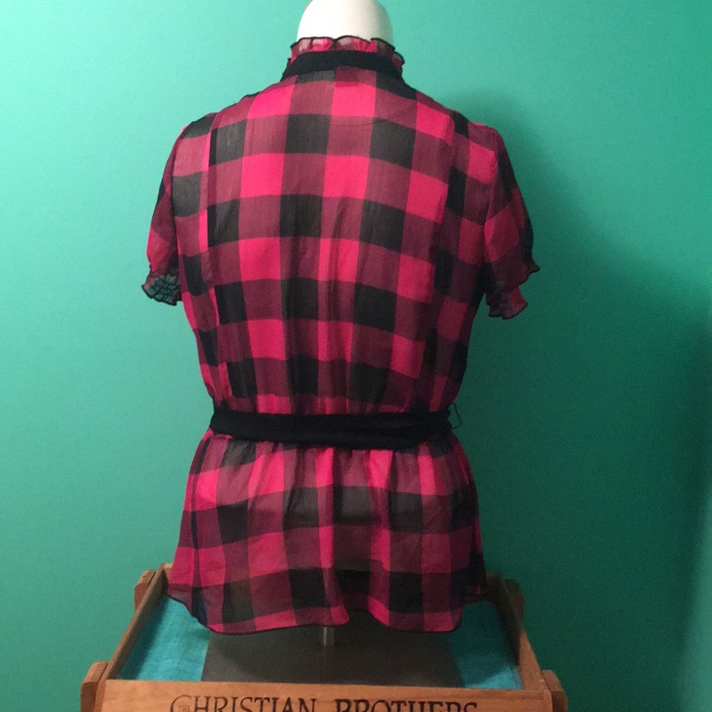 Sheer button down plaid top with ruffled bib - Picture 2 of 8